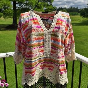 Democracy V-Notch Neck Peplum Crochet Printed Woven top, S, EUC